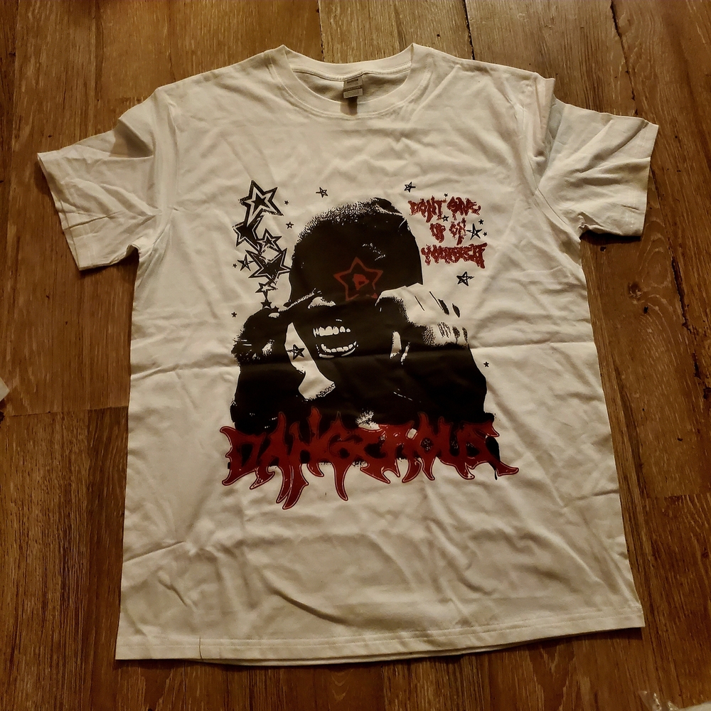 White Graphic T-Shirt with Red and Black Design